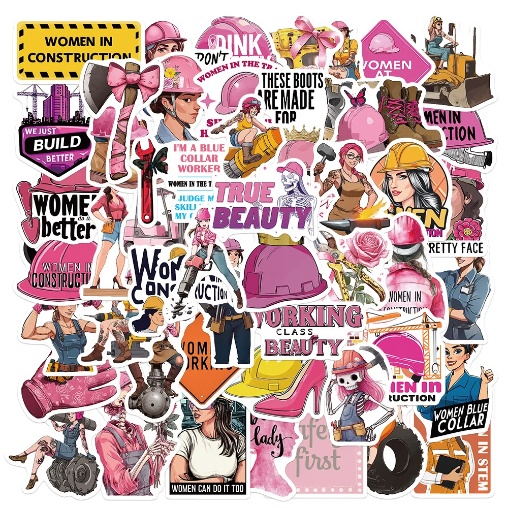 50PCS Women's Safety Hat Stickers Girl Power Cartoon Style Inspirational Decorative Phone Case iPad Waterproof Stickers Kids Toy