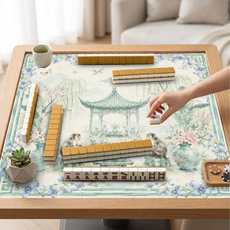 VIKAMA New Chinese Pavilion Monkey Landscape Mahjong Mat Non Slip Shock Absorb Soft Pad Washable Oriental Mahjong Table Mat
