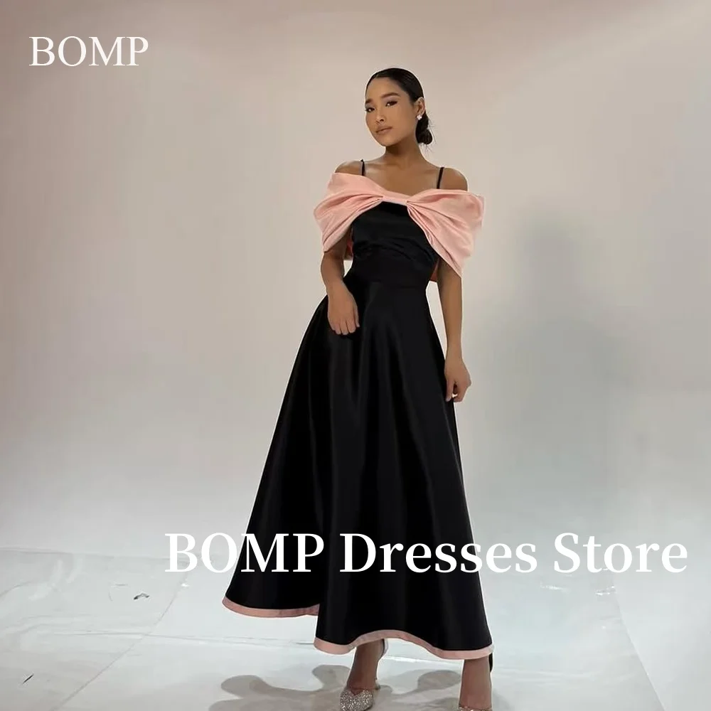 

BOMP Contrast Bow Evening Party Dresses Strapless A-Line Satin Navy Prom Gowns Arabic Women Formal Occasion Customized