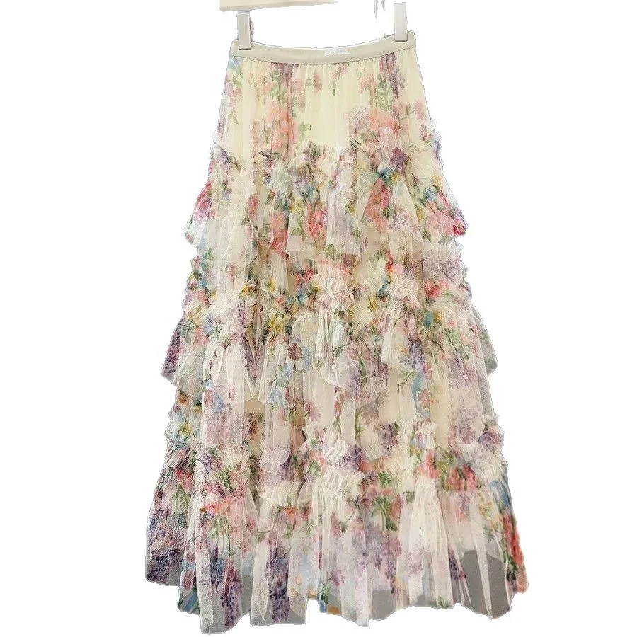 Heavy Work Mesh Print Skirt Women's New Style Floral Puffy Long Skirt Cake Skirt Polyester Fabric Elegant Ladylike Design
