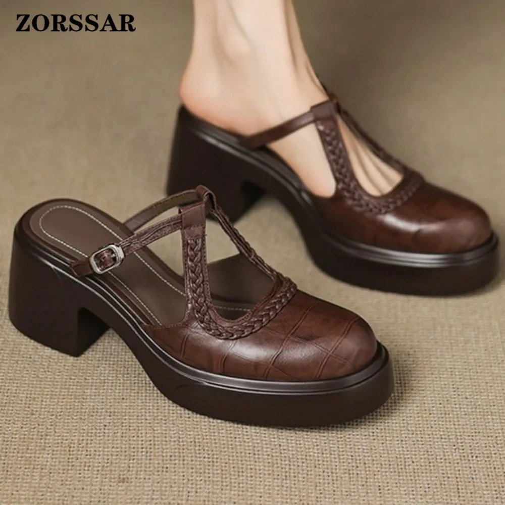 

Women's Genuine Leather Platform Chunky Heel Mules Clogs Mary Jane Slippers with Braided T-Strap Buckle Retro Casual Shoes
