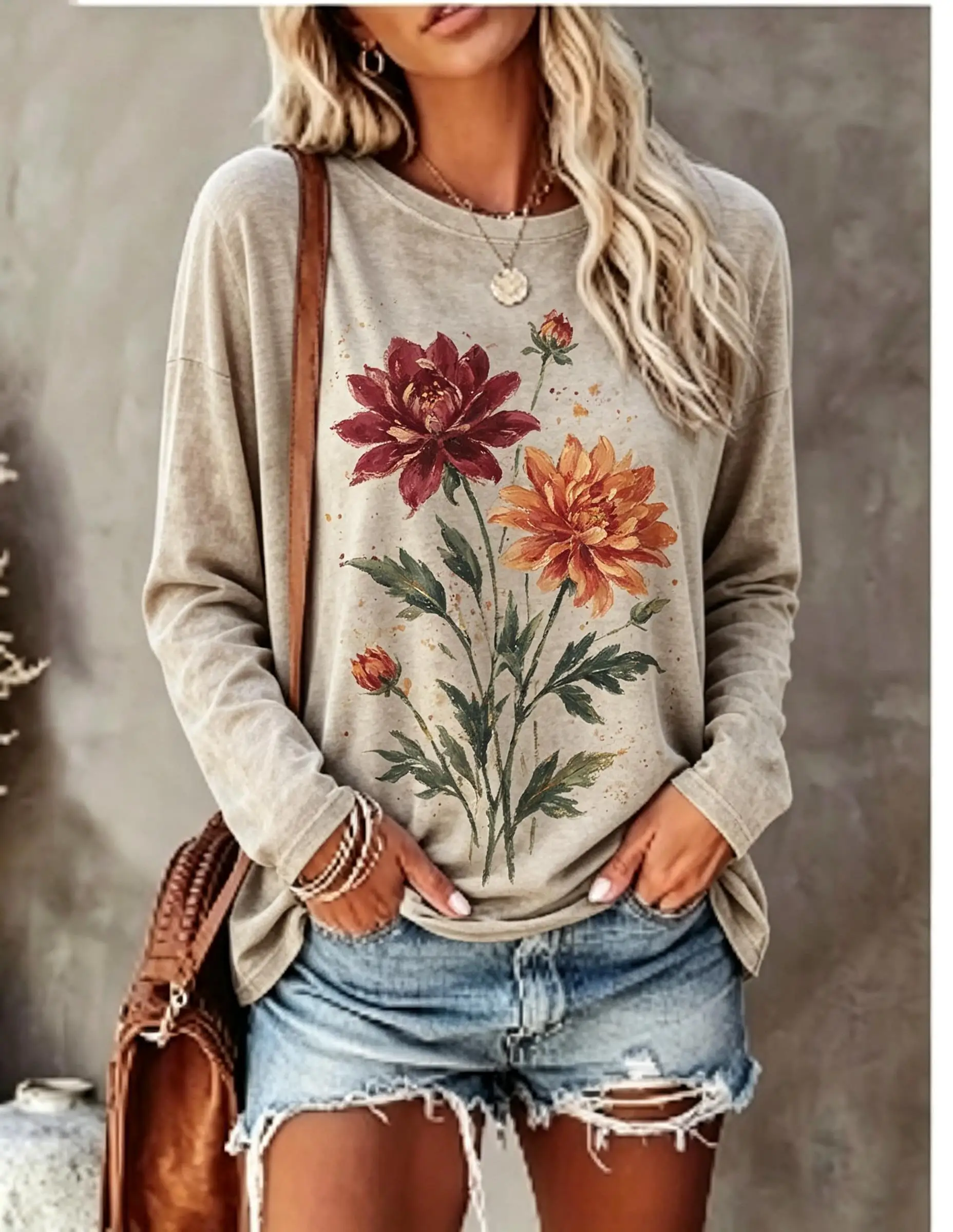 Women Long Sleeve T Shirt Vintage Purple Rose Floral Print Crew Neck Casual Boho Fall Tops image 2