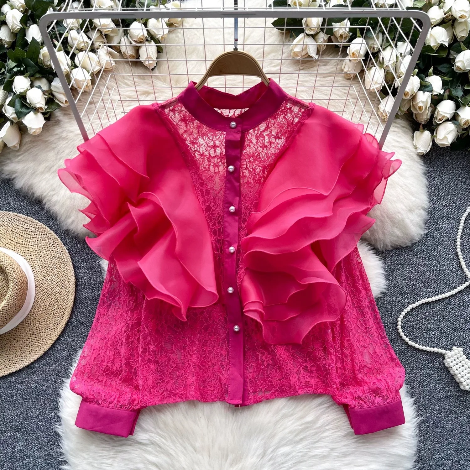 

Women Shirts Lace Top Hollow Out Pearl Single Breasted Round Collar Ruffles Overshirt 2026 Spring Summer Office Lady Tops
