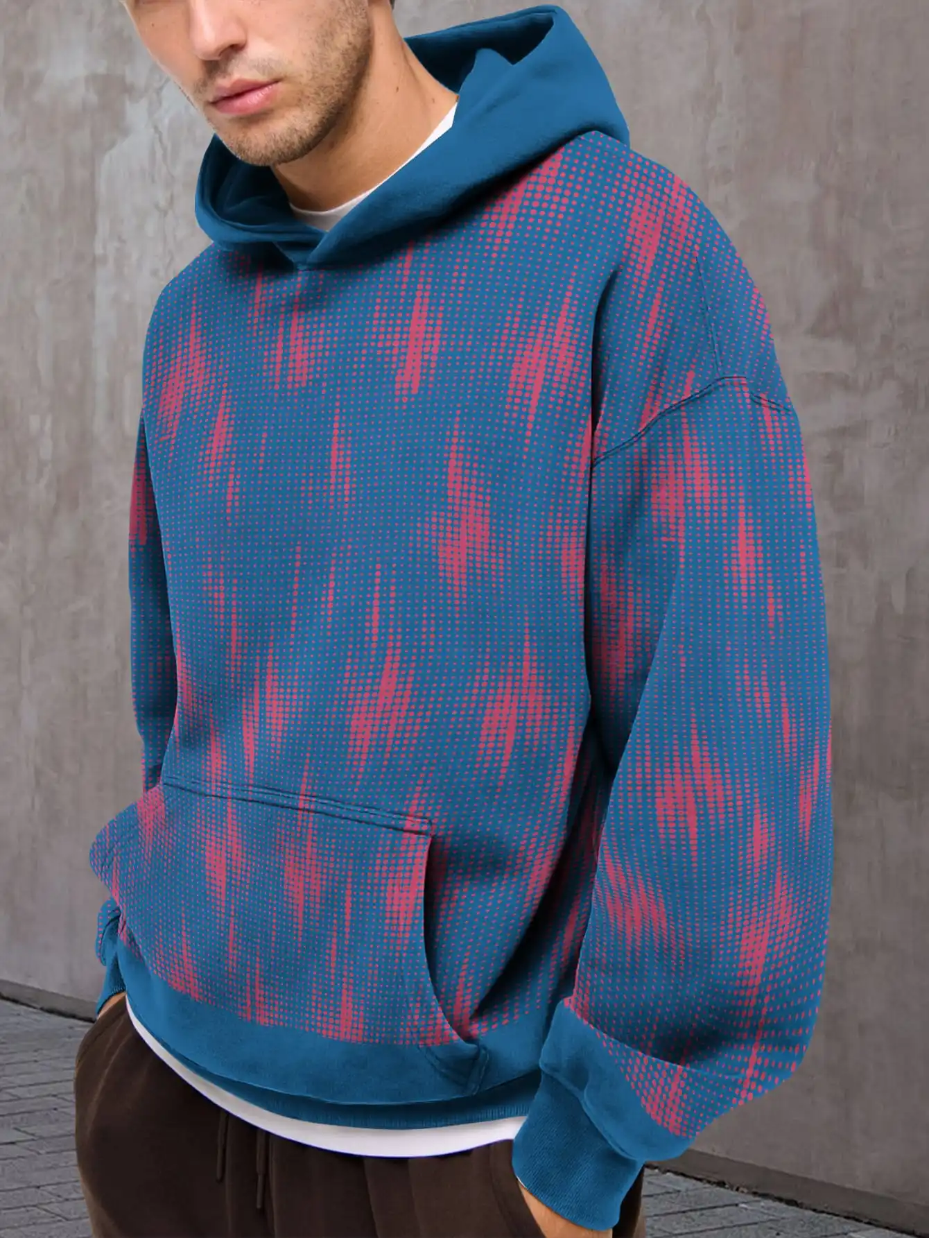 

Orange and yellow stitching 3D print hoodie Navy blue geometric pattern hooded sweatshirt Casual street style pullover hoodie