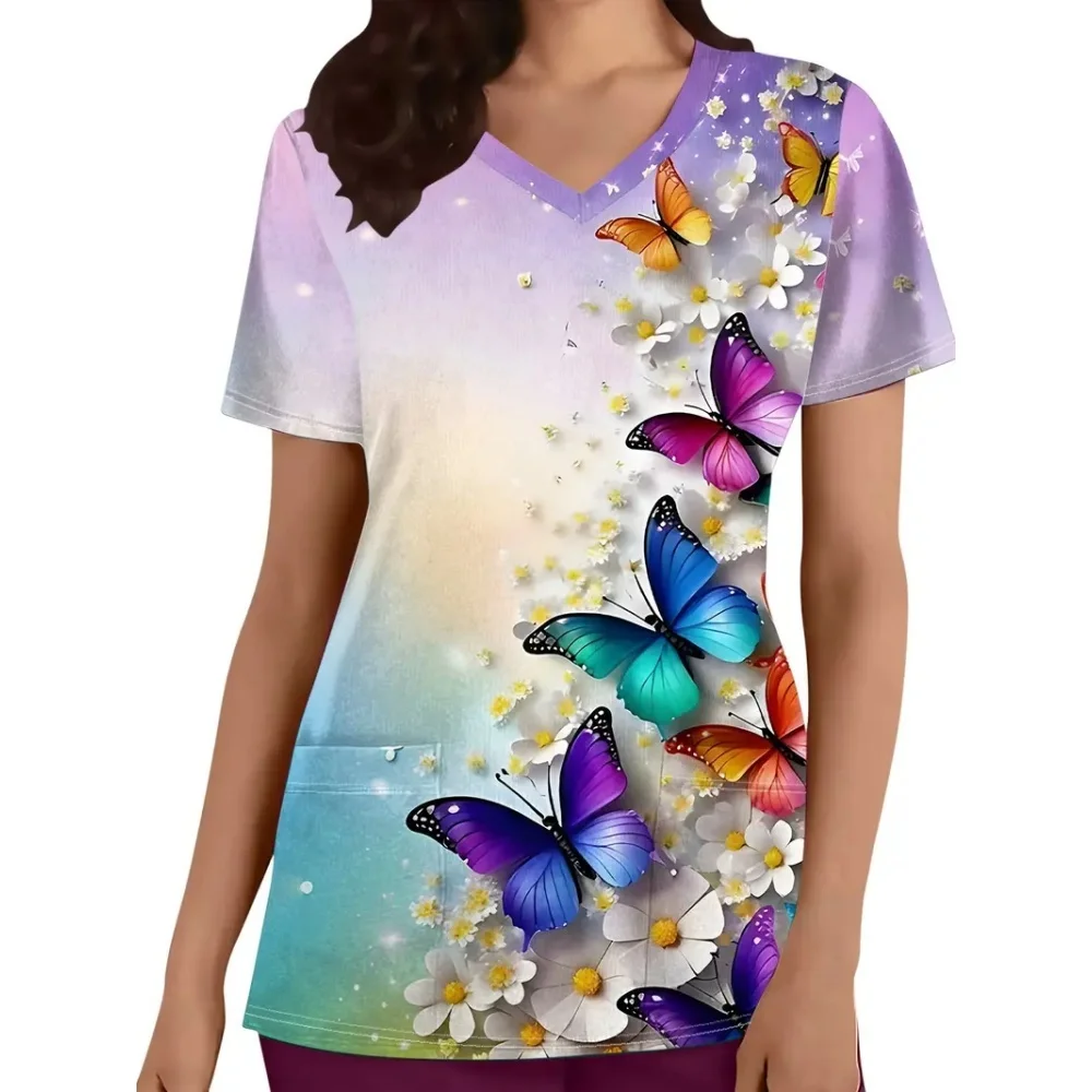 Schmetterlingsdruck, dehnbares Oberteil mit zwei Taschen, V-Ausschnitt, bequeme und funktionelle Pflege, kurzärmelige Uniform für Krankenschwestern-Damenbekleidung