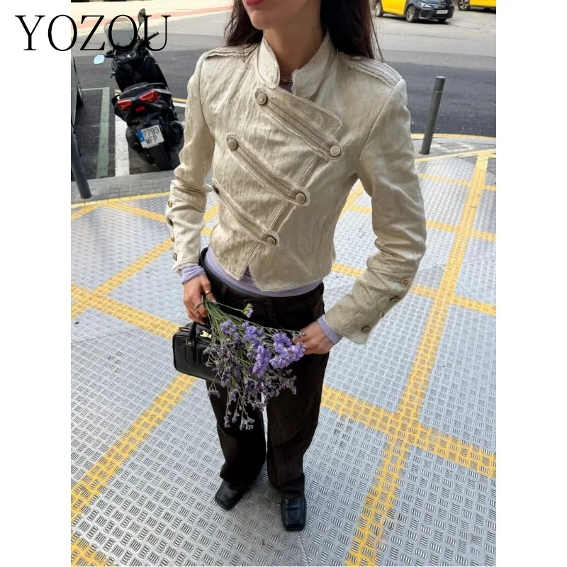 

[YOZOU] Designer Vintage British Style Luxury Elegant Women Outerwear Short Slim Fit Cropped Jacket Coat Female Top Napoleonic