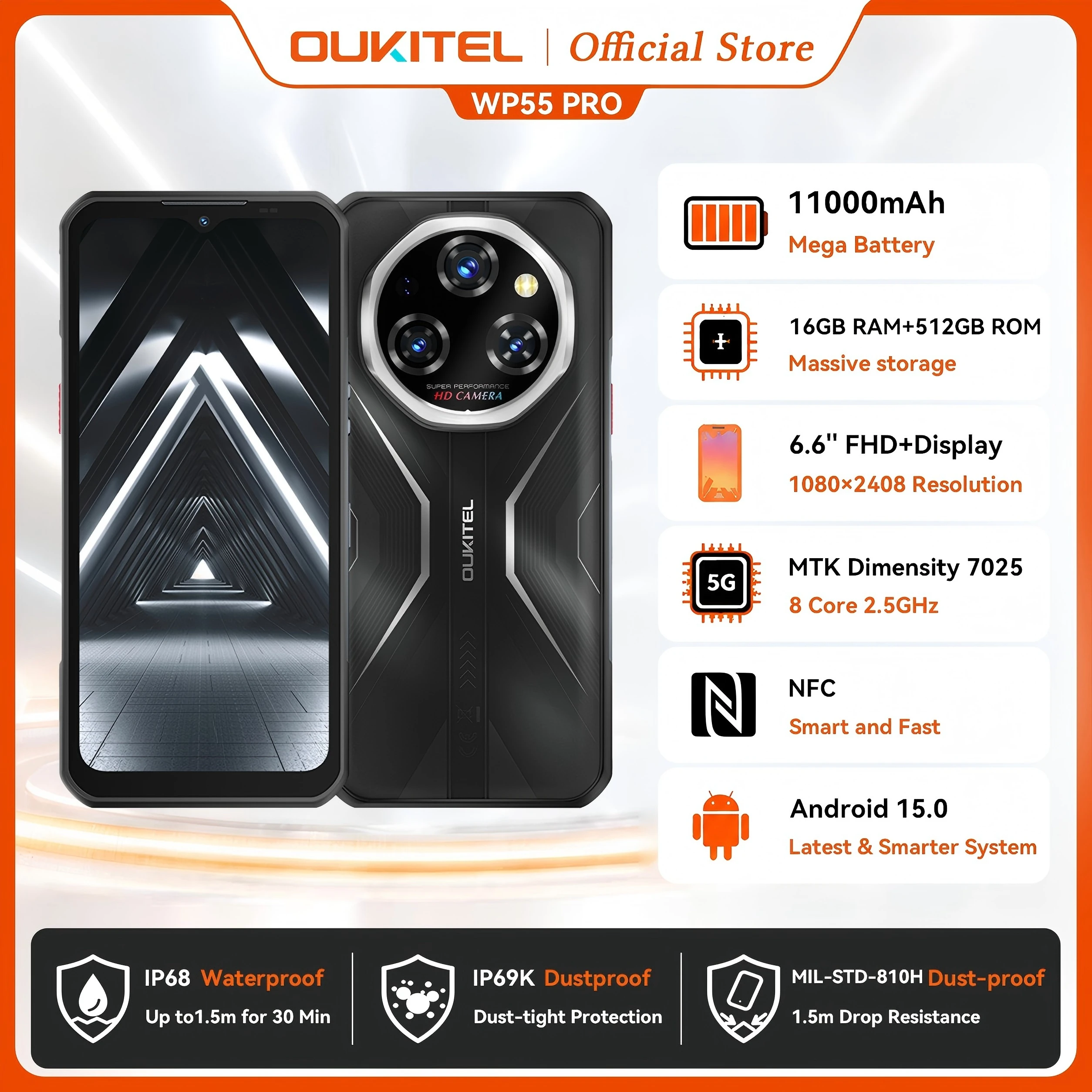 OUKITEL WP55 Pro Rugged Phone 11000mAh Battery 128dB Loudspeaker Android IP68 IP69K Waterproof  48GB RAM 512GB ROM Camping Light