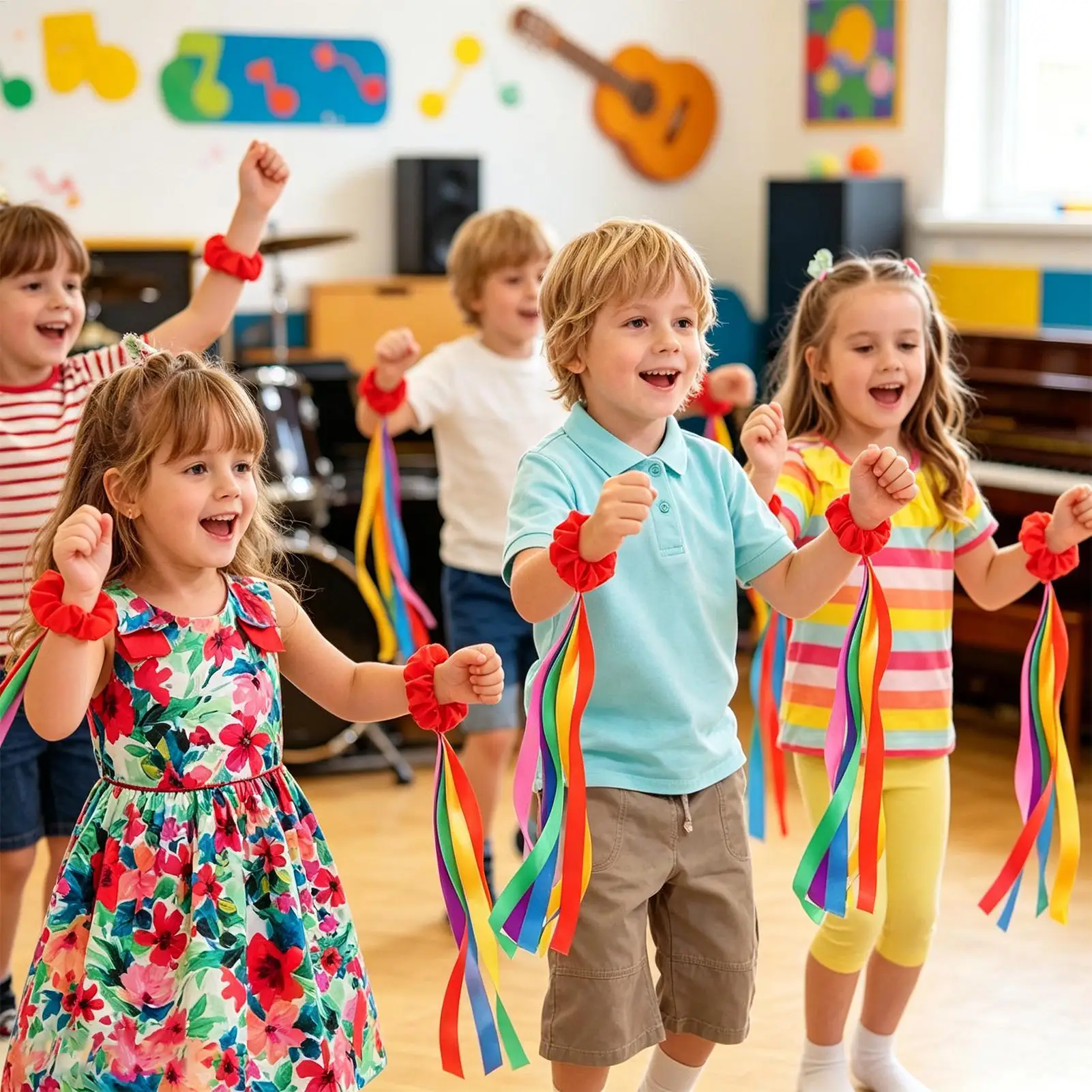 6 Pieces colorful dance wrist streamer ribbon handheld gymnastics accessory rainbow fabric band for kids stage performance
