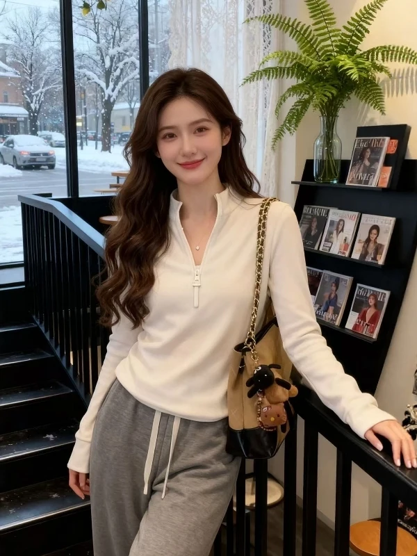 

Slim Fit Long Sleeve Zipper Stand Collar Thermal Shirt Women's Spring 2026 New plus Size Fat MM Base Layer Top Korean Style
