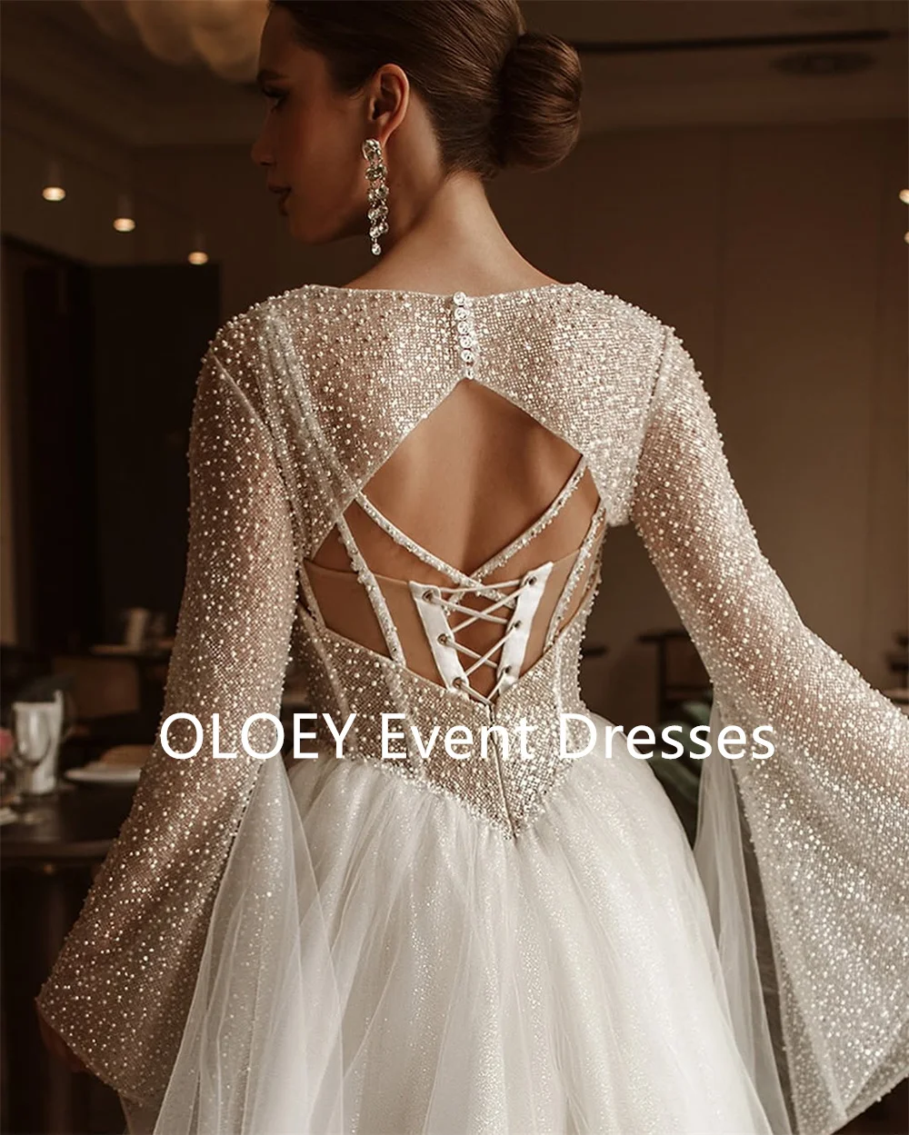 OLOEY Luxury Pearls Wedding Dresses with Jacket Floor Length A Line Bridal Gowns Glittery Lace Up Back Buttons Free Customized