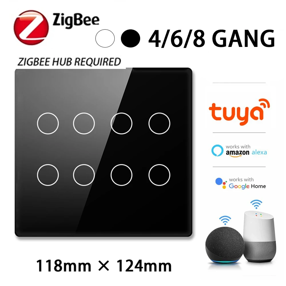 AlexXi Zigbee 4x4 Brazil Touch Sensor Glass Panel Light Switch Tuya Smart Life App 4/6/8 Gang Remote by Alexa Dot Google Home