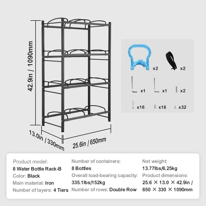 4 Tiers Water Jug Holder Double Row Water Bottle Rack for 8 Bottles Black