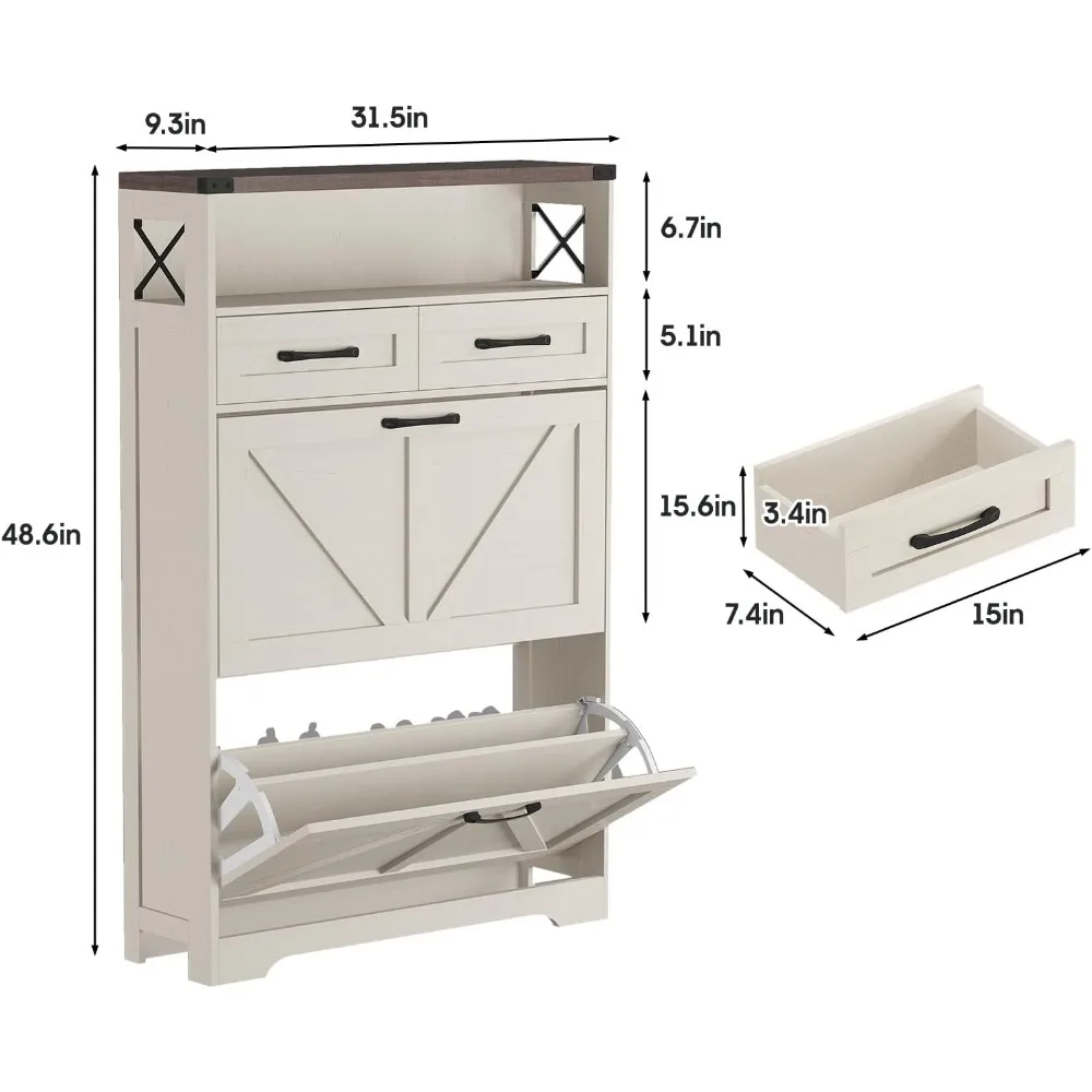 Шкаф для обуви с 2 откидными ящиками и 2 ящиками, тонкий узкий шкаф для хранения обуви в деревенском доме для прихожей, отдельно стоящая обувь