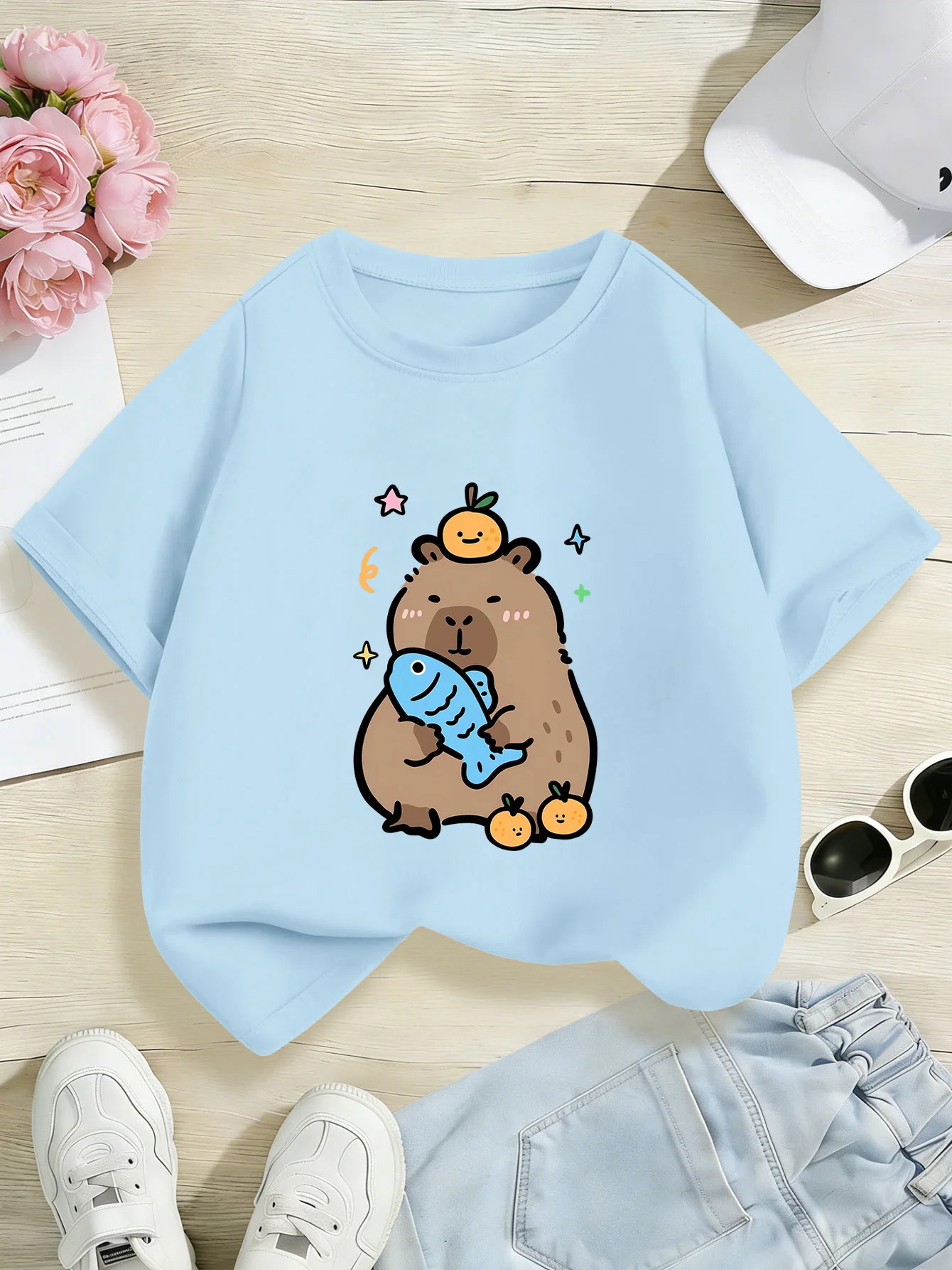 Capybara Holding Fish Orange Print Boys Girls Short Sleeve Tee Parent Match Soft Cotton Kids Cute Sweet Casual Fashion T Shirts