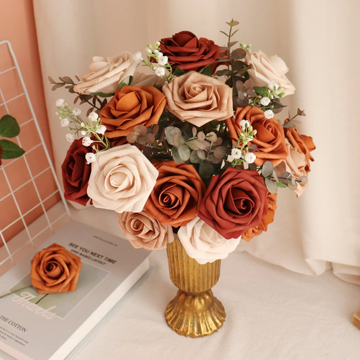 D-Seven 25/50pcs Artificial Flowers 5 Tone Mixed Colors Foam Roses with Stem for Wedding Table Home Party Decoration DIY Bouquet