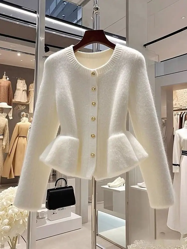 Korejepo Small Fragrant Style White Cardigan Sweater Women Autumn Winter Women 2024 New Versatile Unique Super Good Looking Coat