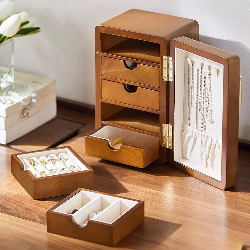 New Chinese solid wood jewelry box jewelry exquisite high-end anti-oxidation yellow ring necklace five storage box