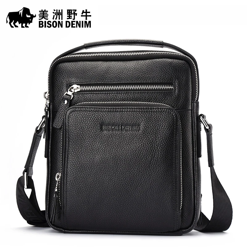 BISON DENIM Classic Black Male Bag Genuine Leather Business Crossbody Bag iPad Mens Messenger Bag Casual Bolsas Male N2845 2023