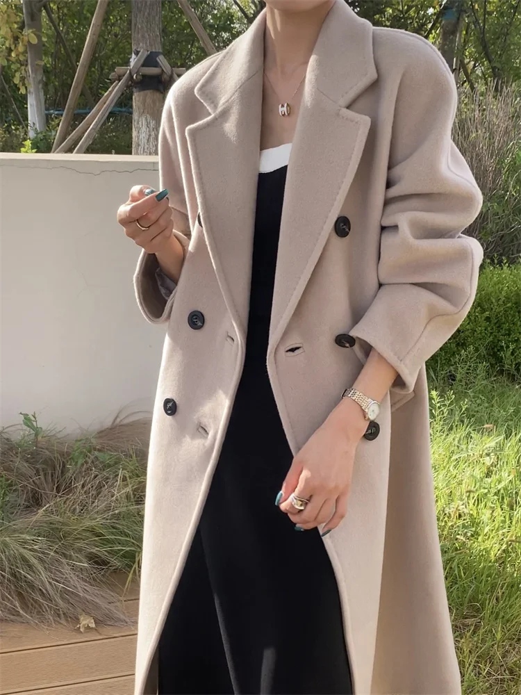 High-end Double-sided Cashmere Coat Women Mid-length New Fashion Thick Double-breasted Long Sleeve Woolen Coat Fit Autumn Winter