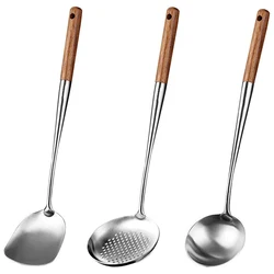 2Pcs Utensils Kitchen Wok Spatula Iron and Ladle Tool Set 17 Inches Spatula For Wok Stainless Steel Wok Spatula Kitchen Bar Tool