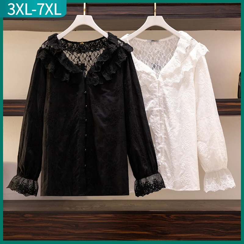 New 2023 Spring Autumn Plus Size Tops For Women Large Size Long Sleeve Loose Hollow Out Cotton Lace Shirt 3XL 4XL 5XL 6XL 7XL