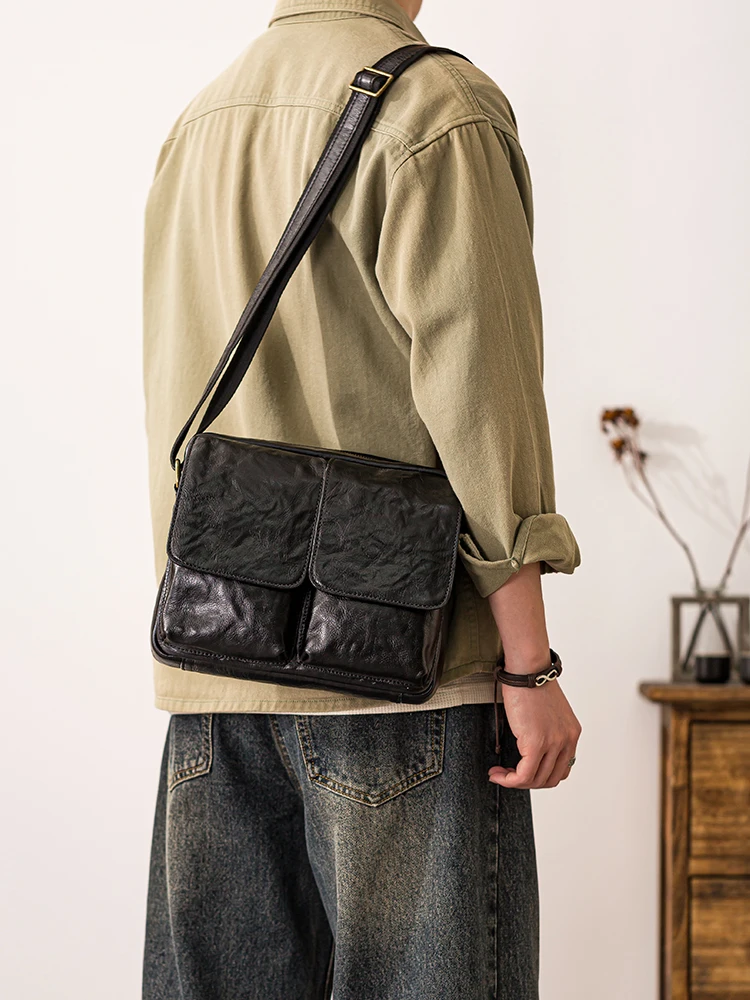 PNDME Simple casual luxury genuine leather men's shoulder bag outdoor travel designer handmade cow leather black crossbody bag