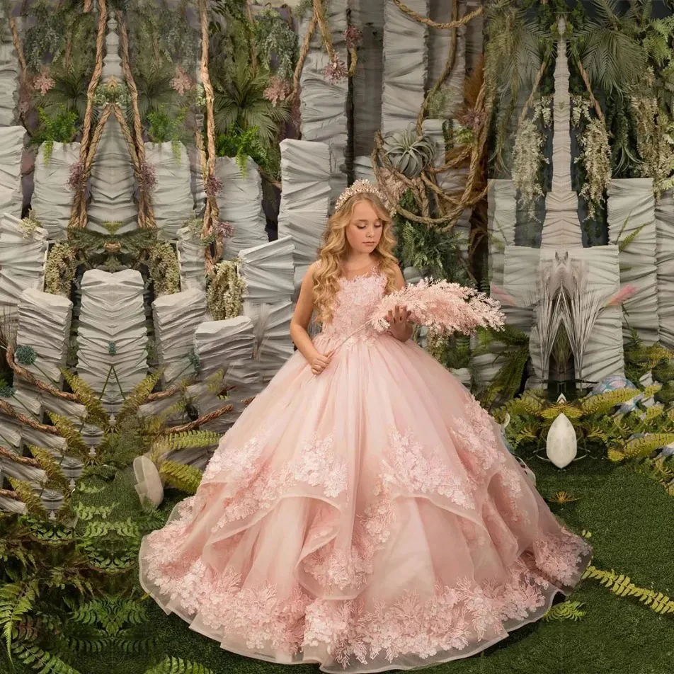 

Pink Flower Girl Dresses for Wedding 3D Floral Appliques Floor Length First Communion Kids Birthday Party Gown Party Dress