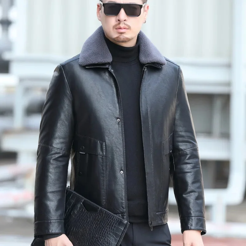 Men's YXL-836 New Jacket Leather Down White Duck Filling Casual Winter Sheepskin Solid Color Lapel Thick Coat