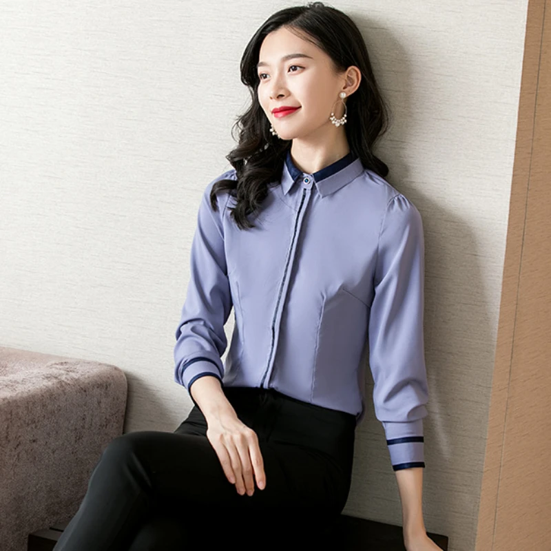 2024 New Women Shirt Elegant Grey Shirt Women Button Up Shirt Long Sleeved Blouse OL Spring Vintage Women Clothing Womens Tops