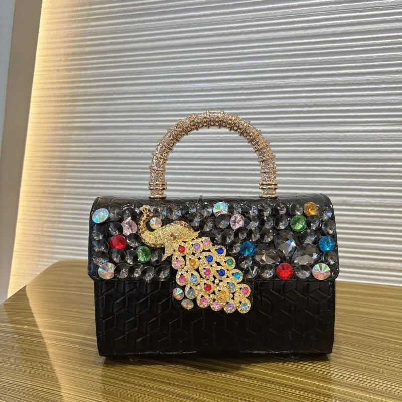 2026 New Luxury Fashion Handbag with Diamond Peacock Charm Women's Bag Phone Bag Diamond Grid Chain Diagonal Cross Bag