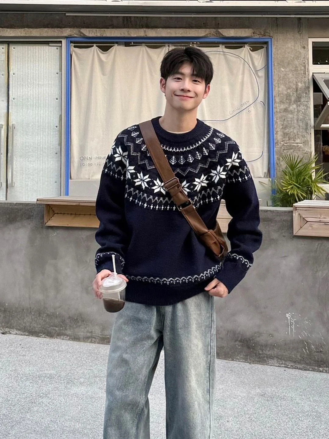 

Loose Men's Knitted Sweater in k Blue with Fair Isle Embroidery for Winter Casual Wear round Ne Long Sve Top