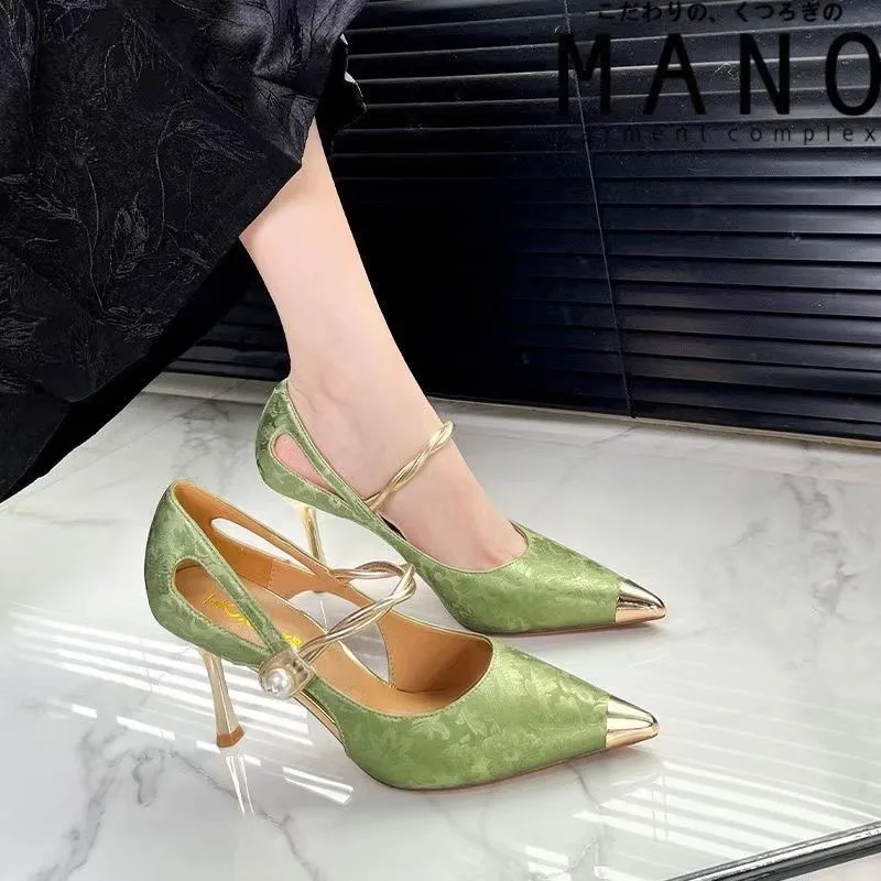 Salto alto de pérola para mulheres, sandálias sexy, sapatos de banquete, moda verão, novo, 2024