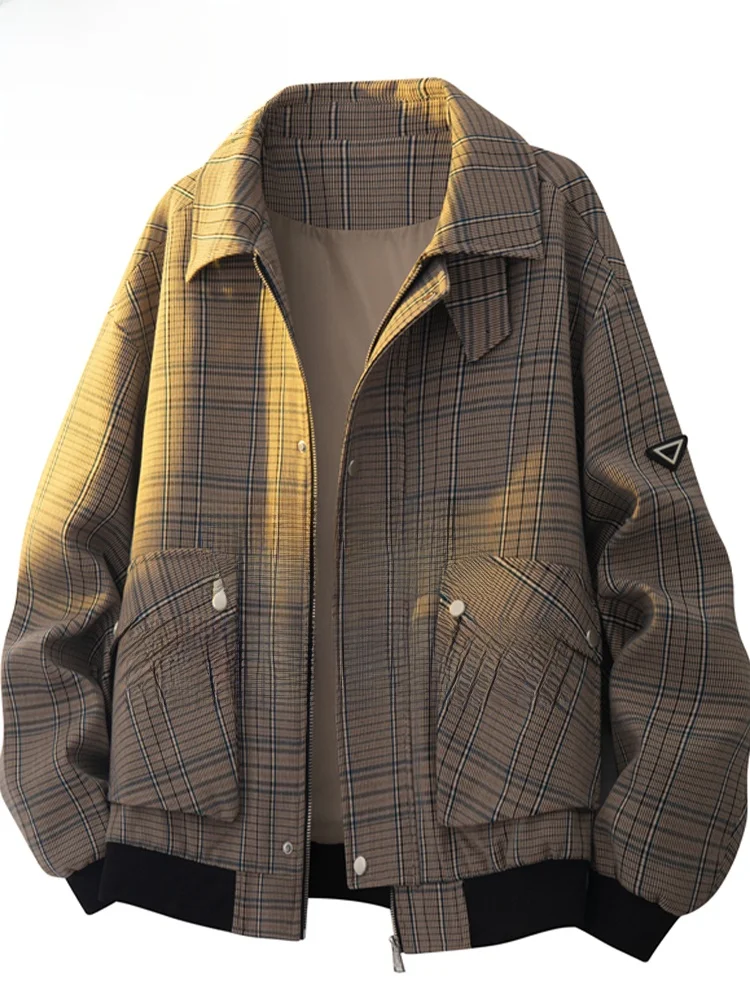 

Мужская рабочая куртка свободного кроя, весна-осень, в клетку, с воротником-стойкой, стройнящая фигуру, модная, повседневная, из полиэфирного волокна