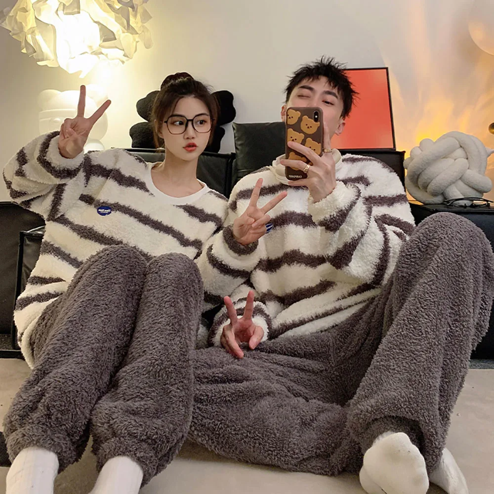 New Thick Fluffy Coral Velvet Couple Pajamas For Winter Striped Long Sleeved Pullover Top+Solid Pants Men Women Home Sleepwear
