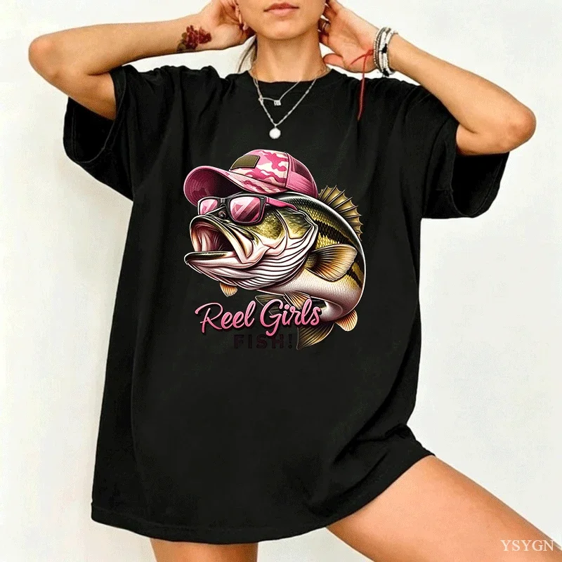 Women Reel Girls Fish T Bass Fish Print Short Sleeve Tops Cotton Ladies Tees Fishing Lover Trendy Summer Clothing
