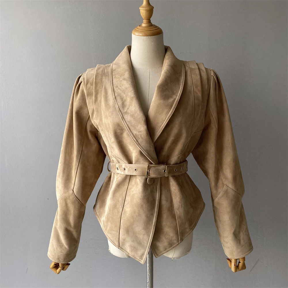 Jxwatcher veste en cuir suédé véritable femmes automne hiver nouveau Design manteau court en peau de mouton vestes décontractée à la mode avec ceinture 2025