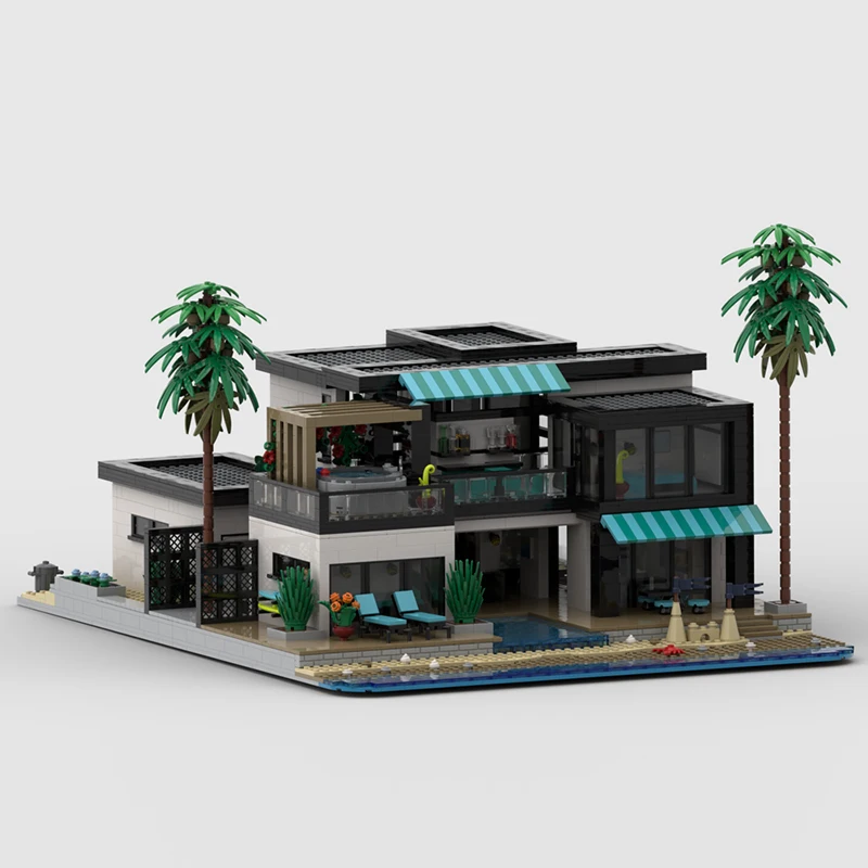 Модель City Street View MOC, строительные кирпичи, современная пляжная вилла, модульная технология, подарки, праздник, сборка, детские игрушки, костюм