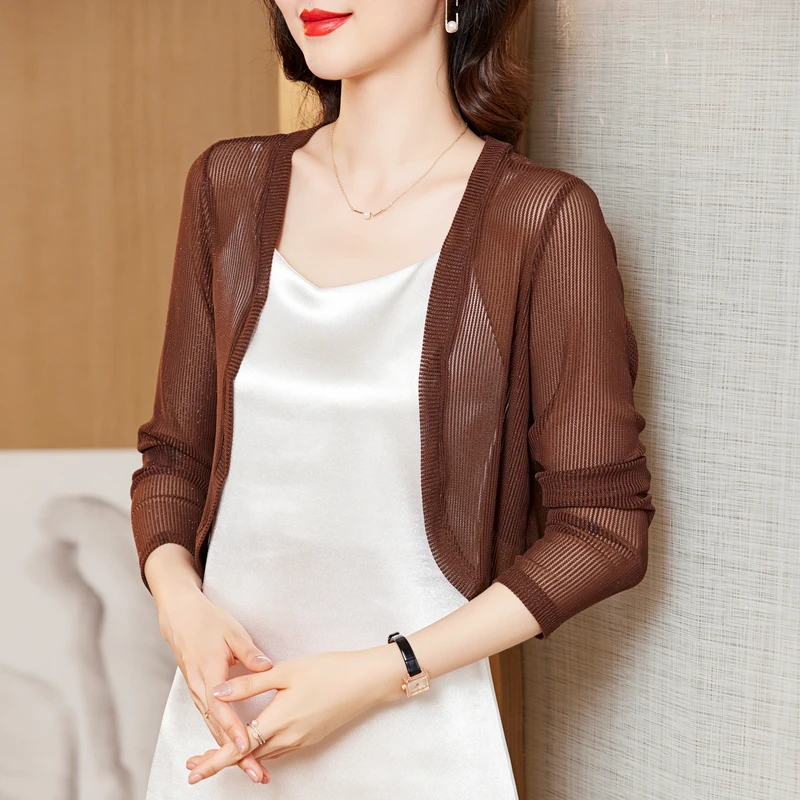 Women Thin Mesh Cardigans Lady Summer Transparent Shawl Female Long Sleeve Short Coat Outwear