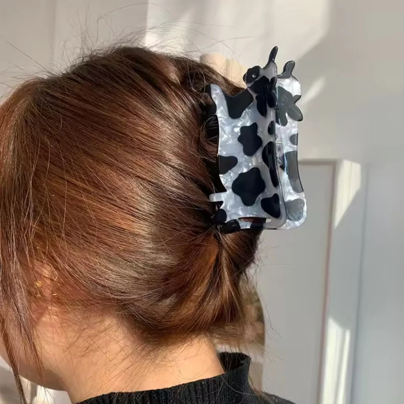 1PC Cute Milk Cow Hair Claw Acrylic Hair Clip With Cow Shape Printed Shark Design Black And White Design Hair Accessory Hairpin