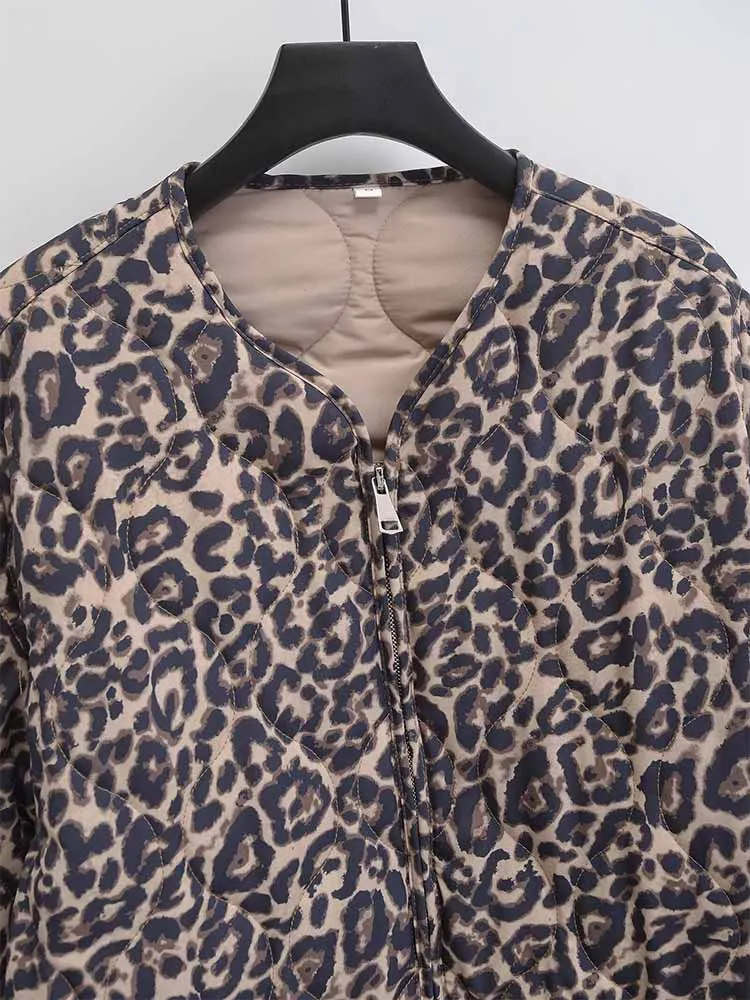 2024 European and American style new women\'s clothing classic fashion versatile fashionable leopard print zipper cotton coat