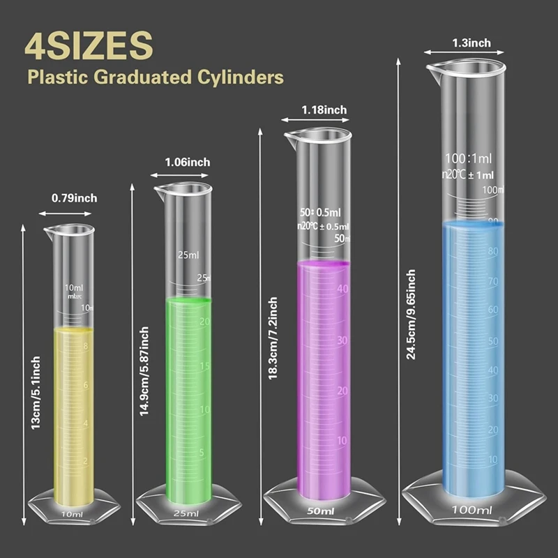 Paquet de 4 cylindres dégradés en plastique, avec 4 pipettes, 1 entonnoir en plastique et 2 brosses