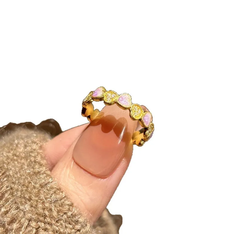 خاتم حب رومانسي للفتيات الوردية للنساء، خاتم على شكل صف ذهبي فاخر وخفيف الوزن، مجوهرات راقية