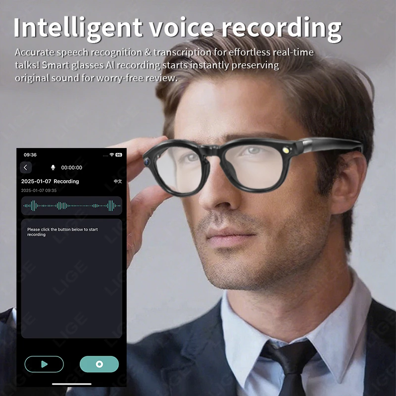 LIGE New 8MP Video Camera Glasses ColorChange AI Smart Glasses Bluetooth Call Music Noise Reduction Smart Sunglasses Android iOS