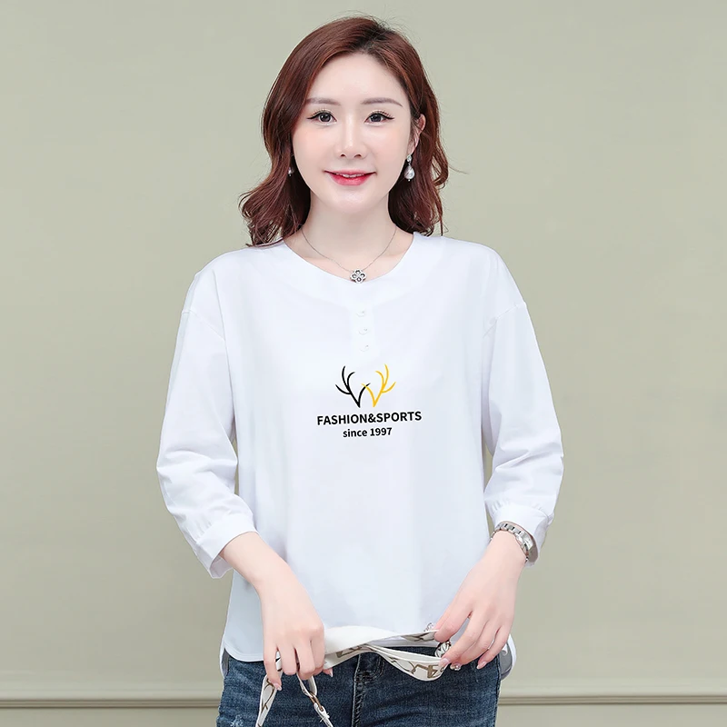 

Новинка 2025, женская футболка большого размера из чистого хлопка с рукавами три четверти, весенне-летний свободный повседневный универсальный топ