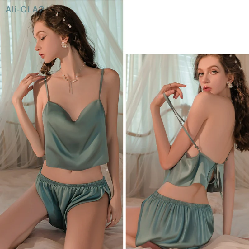 Sexy Satin Sling Tops And Shorts Pajamas Set Swing Collar Two-piece Night Wear