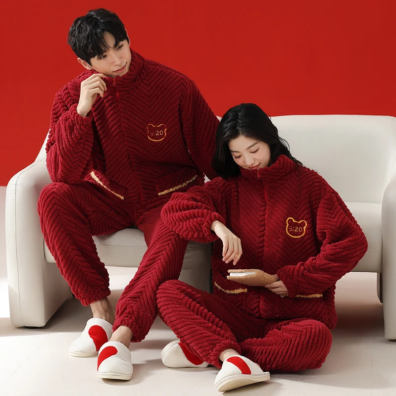 Couple Pajamas Set Winter Women Men Pyjamas Home Suits Flannel Sleepwear