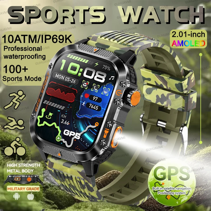 Outdoors NEW 6 Satellite Positioning System Military GPS Smart Watch Men Compass IP69K Waterproof Flashlight HD Call SportsWatch