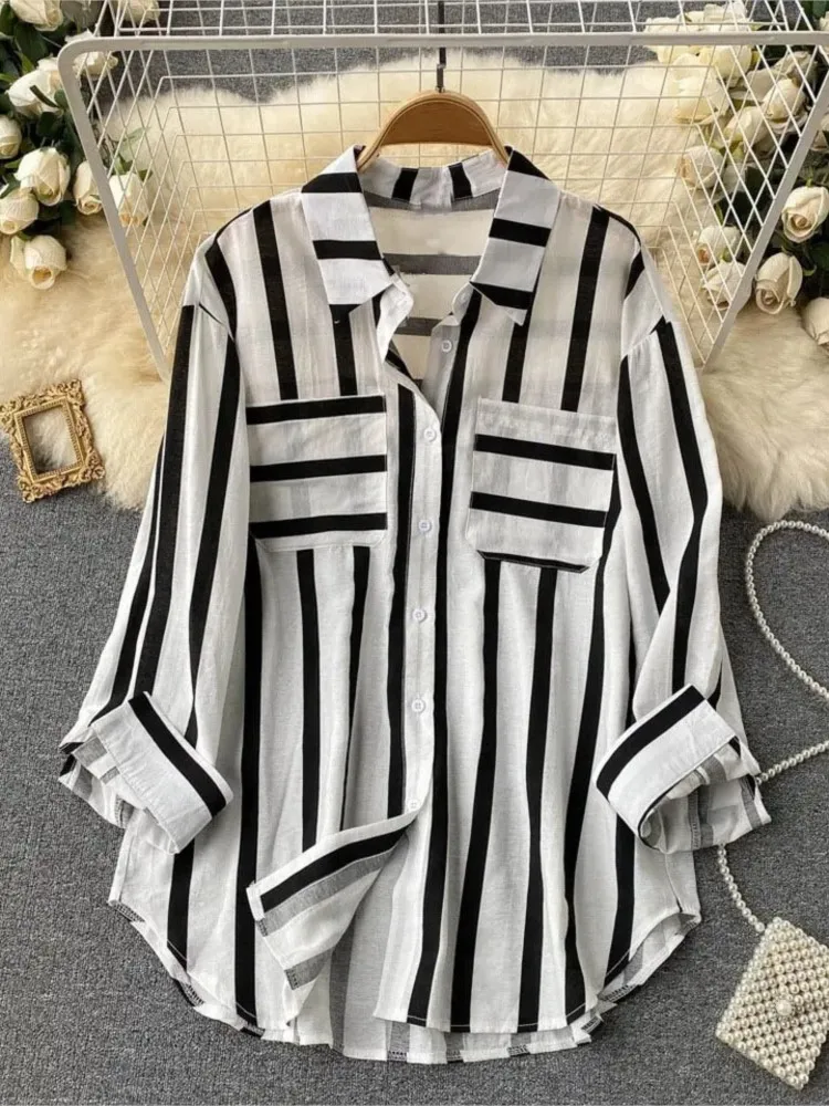 

Women Shirt Single Breasted Turn Down Collar Cardigan Striped Blouses Pockets Loose Fit Shirts Casual Basics Button 2024