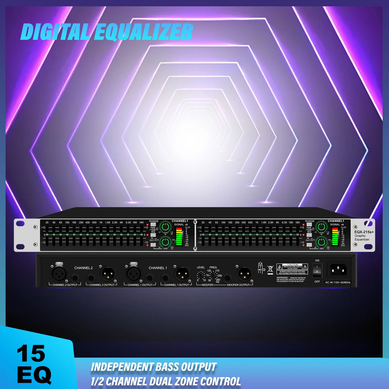 Dual Band Graphic Equalizer, Power Equalizer, Digital Audio Sound Processor, Active Balance, 15 Bands