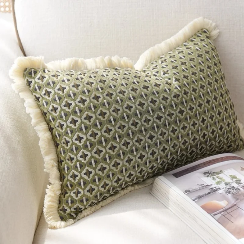 Green Jacquard Pillows Simple Luxury Geometric Cushion Case Modern Tassel Decorative Pillow Cover For Sofa Chair Home Decoration